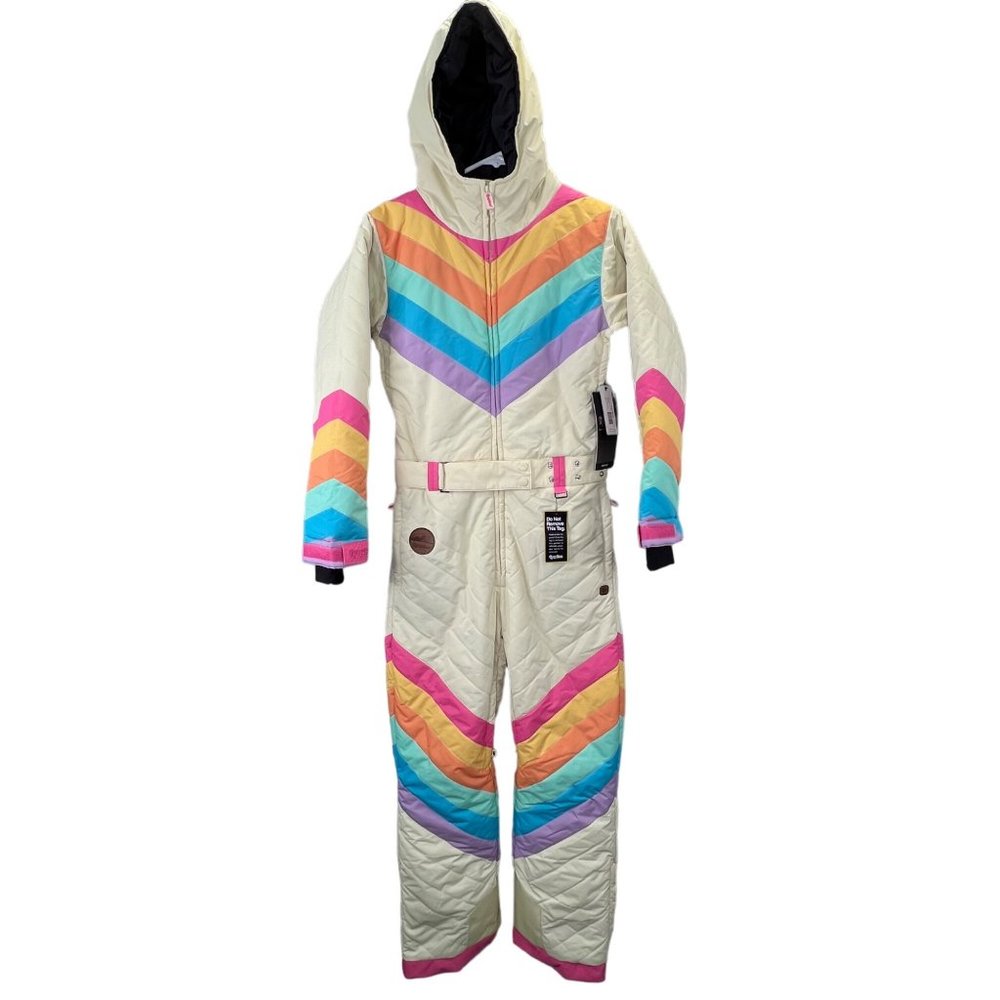 Tipsy Elves Cream Ski One-Piece Jumpsuit with Rainbow Chevron Stripes